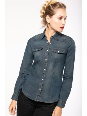 camisa denim manga larga mujer manga larga burgundy/blanco vista1