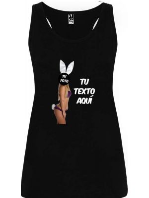 camiseta de tirantes de despedida para mujer en color con diseÃ±o de conejita con logo vista 1