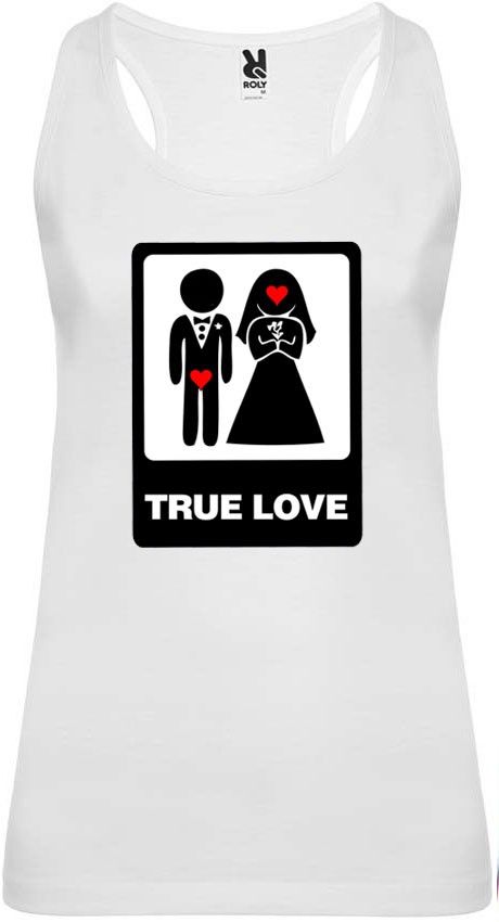 Camiseta blanca de tirantes para despedida de soltera con diseÃ±o true love vista 1