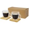 dos tazas de vidrio de doble pared de 250 ml con posavasos de bambú manti natural vista1
