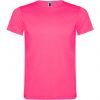 Camisetas manga corta roly akita de poliéster rosa fluor con publicidad vista 1