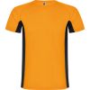 Camisetas técnicas roly shanghai de poliéster naranja fluor negro con publicidad vista 1