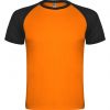 Camisetas técnicas roly indianapolis de poliéster naranja fluor negro con publicidad vista 1
